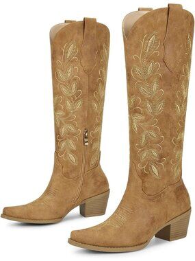 Women Light Brown Side Zipper Knee High Square Toe Cowgirl Chunky Heel Boot